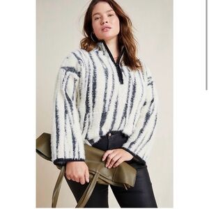 Striped White & Black V-Neck Fuzzy Sweater